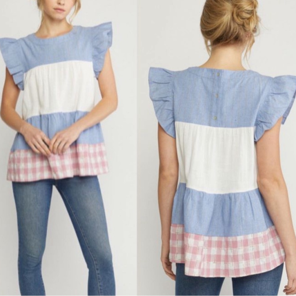 Entro Ruffle Sleeve Color Block Blouse - Picture 6 of 14